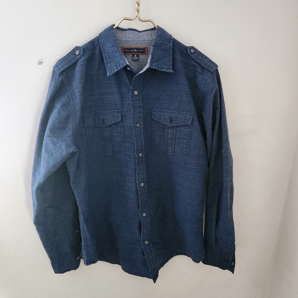 PD&C Mens Blue Long Sleeve Button Down Shirt Military Epaulette Size M